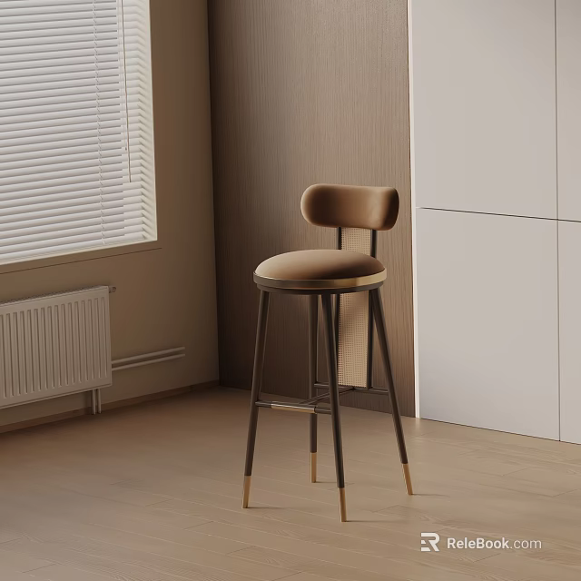 Elegant Modern Bar Stool With Fabric Seat Metal Legs And Gold Feet In Wooden Interior Space 3d model 