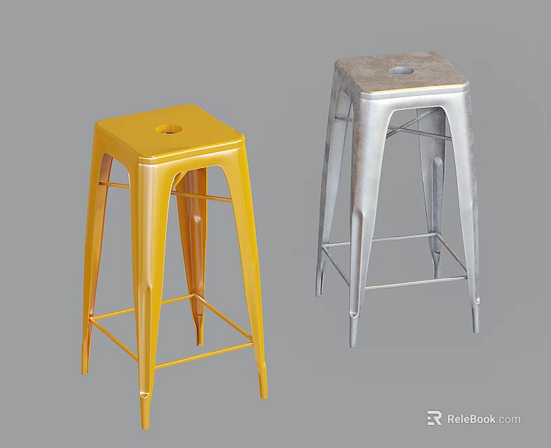 Modern Metal Bar Stools In Yellow And Silver Colors For Home Kitchen Decor 3d model 