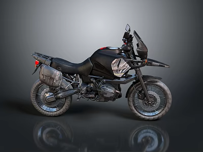 Black Adventure Motorcycle With Windshield Luggage Rack And Off Road Tires 3d model