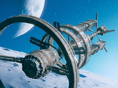 Futuristic Orbital Space Station With Ring Structure Near Moon And Earth 3d model