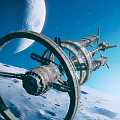 Futuristic Orbital Space Station With Ring Structure Near Moon And Earth