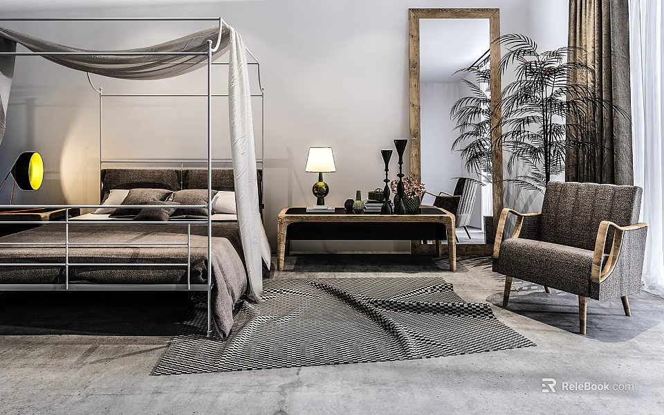 Elegant Double Bed Bedroom Interior With Four Poster Gray Bedding Nightstand Lamp Mirror Plant Rug 3d model 