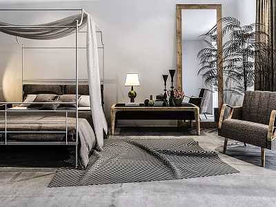 Elegant Double Bed Bedroom Interior With Four Poster Gray Bedding Nightstand Lamp Mirror Plant Rug 3d model