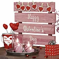Romantic Valentine's Day Wooden Cart Decor With Pink Bouquet And Candies Desserts Drink Glasses