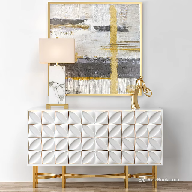 Elegant Modern White Console Table With Geometric Texture Gold Legs Table Lamp And Artwork 3d model