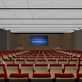 Large Conference Hall Interior With Red Seats Front Stage And Digital Screen 3d model