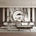 Modern Tea Room With Marble Backdrop Circular Mountain Painting Long Tea Table Tea Sets And Wooden Bench