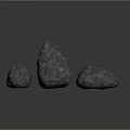 Three Gray Natural Stones with Rough Surfaces and Various Shapes on Reflective Base