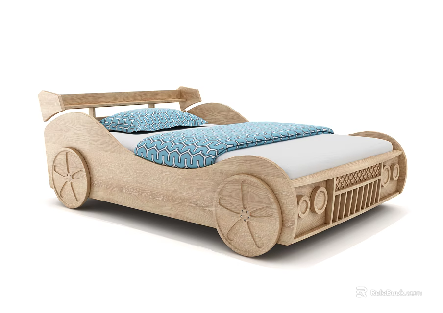 Wooden Car Shaped Kids Bed With Wheel Design And Blue Bedding 3d model 