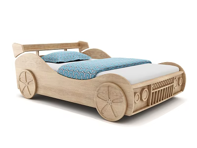 Wooden Car Shaped Kids Bed With Wheel Design And Blue Bedding 3d model