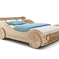 Wooden Car Shaped Kids Bed With Wheel Design And Blue Bedding