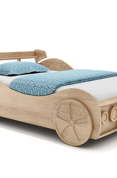 Wooden Car Shaped Kids Bed With Wheel Design And Blue Bedding 3d model Wooden Car Shaped Kids Bed With Wheel Design And Blue Bedding 3d model