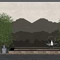 Garden Landscape Ornaments Design With Mountain Shaped Wall Bamboo Plants And Decorative Fountain
