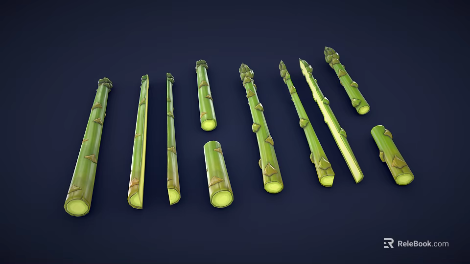 Green Asparagus Spears in Various Lengths and Different Shapes Arranged on Dark Background 3d model 