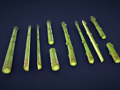 Green Asparagus Spears in Various Lengths and Different Shapes Arranged on Dark Background 3d model