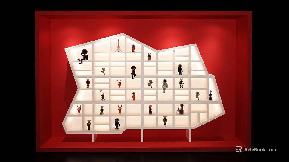 White Display Cabinet with Irregular Shelves Showcasing Small Figurines Against Red Background and Lit Compartments 3d model 