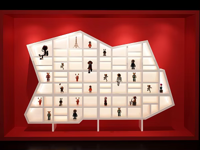 White Display Cabinet with Irregular Shelves Showcasing Small Figurines Against Red Background and Lit Compartments 3d model