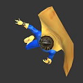 Dynamic Superhero Character in Blue Costume With Golden Helmet And Yellow Cape Spreading Arms