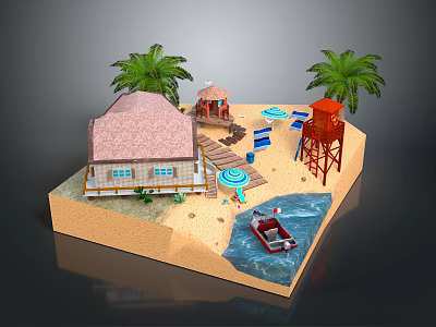 Tropical Beach Scenery With House Palm Trees Lifeguard Tower Boat And Umbrellas 3d model