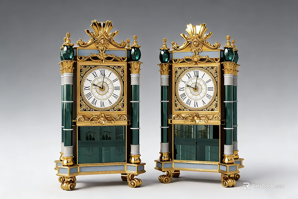 Pair of Vintage Gilded Clocks With Green Glass Panels And Ornate Finials 3d model 