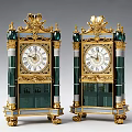 Pair of Vintage Gilded Clocks With Green Glass Panels And Ornate Finials