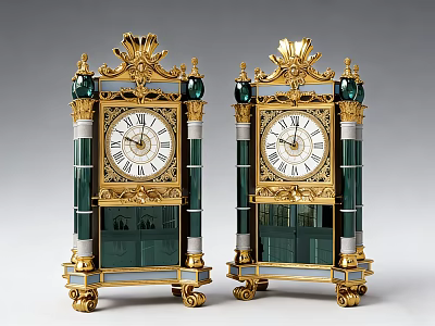Pair of Vintage Gilded Clocks With Green Glass Panels And Ornate Finials 3d model