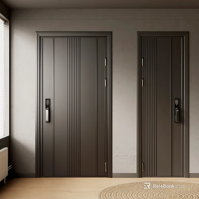 Dark Gray Double Security Doors With Vertical Stripe Design And Electronic Locks 3d model