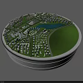 Aerial Planning of Circular Community Model with Green Area Lake and Buildings