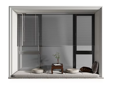 Cozy Bay Window Seat With Round Cushions Small Wooden Table Potted Plant And Venetian Blinds 3d model