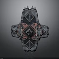 Ornate Symmetric Metal Shield Design With Red Black Geometric Patterns And Rivets