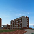 Modern Multi Story School Building With Red White Facade Track Field And Playground