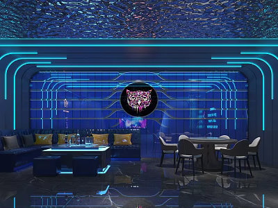 Modern Luxury KTV Interior Design With Blue Lighting Tiger Logo Sofa And Dining Tables 3d model