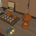 Traditional Clay Tea Set With Teapots Teacups On Wooden Table And Pastries Berries Vase Plants