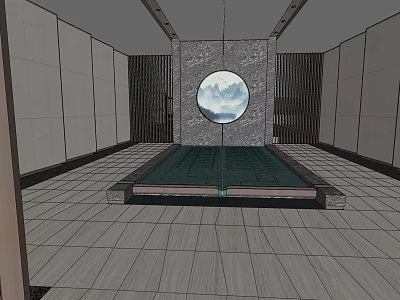 Modern Hotel Lobby Interior Design With Circular Window Mountain View Tile Floor And Water Feature 3d model