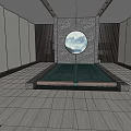 Modern Hotel Lobby Interior Design With Circular Window Mountain View Tile Floor And Water Feature