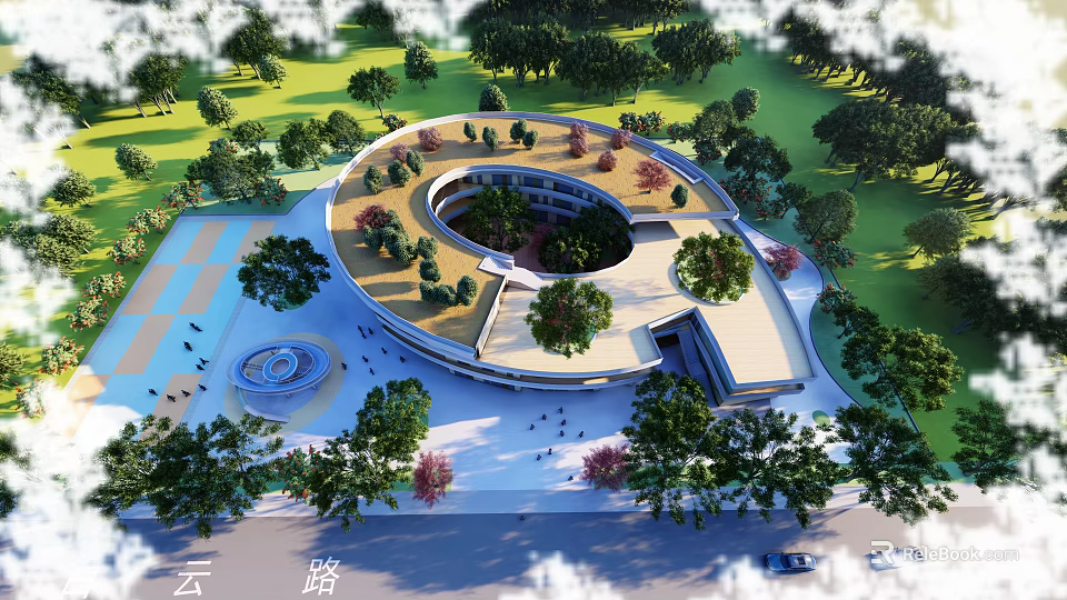 Circular Building Area with Trees Green Space Road and Cloudy Sky View 3d model