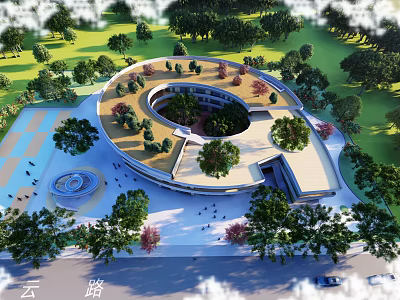 Circular Building Area with Trees Green Space Road and Cloudy Sky View 3d model