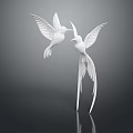 Two White Birds Sculpture With Spread Wings And Long Tail Feathers On Dark Reflective Background
