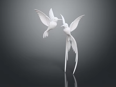 Two White Birds Sculpture With Spread Wings And Long Tail Feathers On Dark Reflective Background 3d model