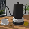 Black Electric Kettle Kitchen Appliance With Coffee Cup Lemon Green Plant On Wooden Countertop