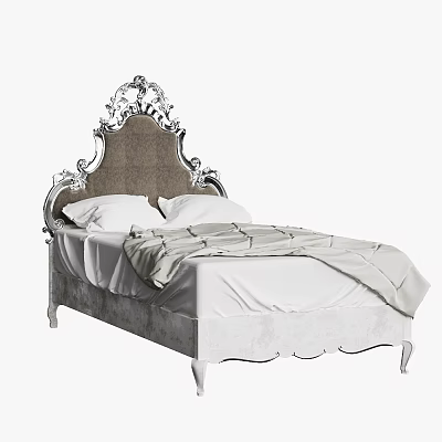 Elegant Double Bed With Ornate Carved Headboard Silver Accents And Soft White Bedding 3d model