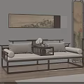 Traditional Chinese Luohan Bed With Wooden Frame White Cushions Landscape Painting And Decorative Screen
