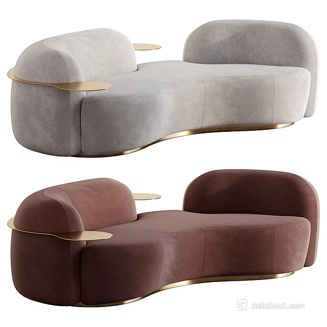 Modern Sectional Sofa with Curved Design and Golden Metal Accents in Two Colors 3d model 