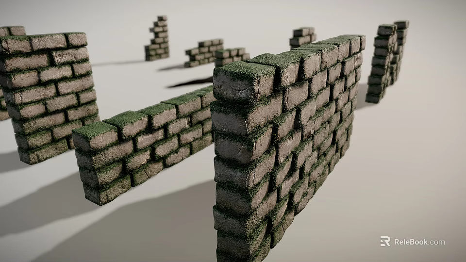 Moss Covered Stone Wall Blocks With Textured Surfaces And Stacked Segments 3d model 