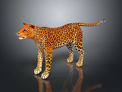 Realistic Standing Leopard With Spotted Fur On Dark Background And Reflection 3d model