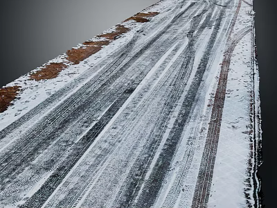 Snow Covered Road With Tire Tracks And Brown Earth In Winter Natural Scene 3d model
