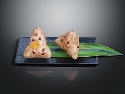 Traditional Triangle Zongzi with Red Beans on Black Plate and Green Leaf 3d model