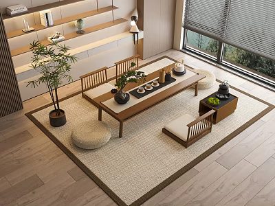 Modern Japanese Wooden Tea Table And Chairs With Potted Plant And Woven Rug 3d model