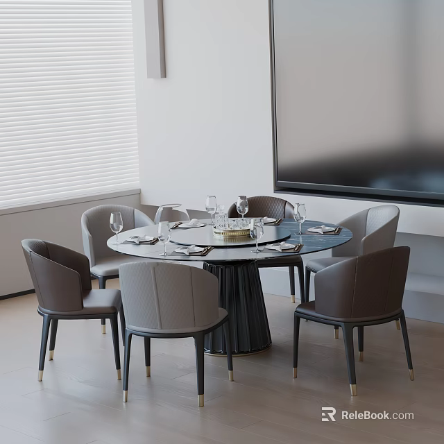 Modern Round Dining Table Set With Six Gray Chairs And Decorative Centerpiece 3d model