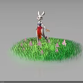 3D Model White Rabbit Character In Red Dress Standing On Green Grass With Pink Flowers